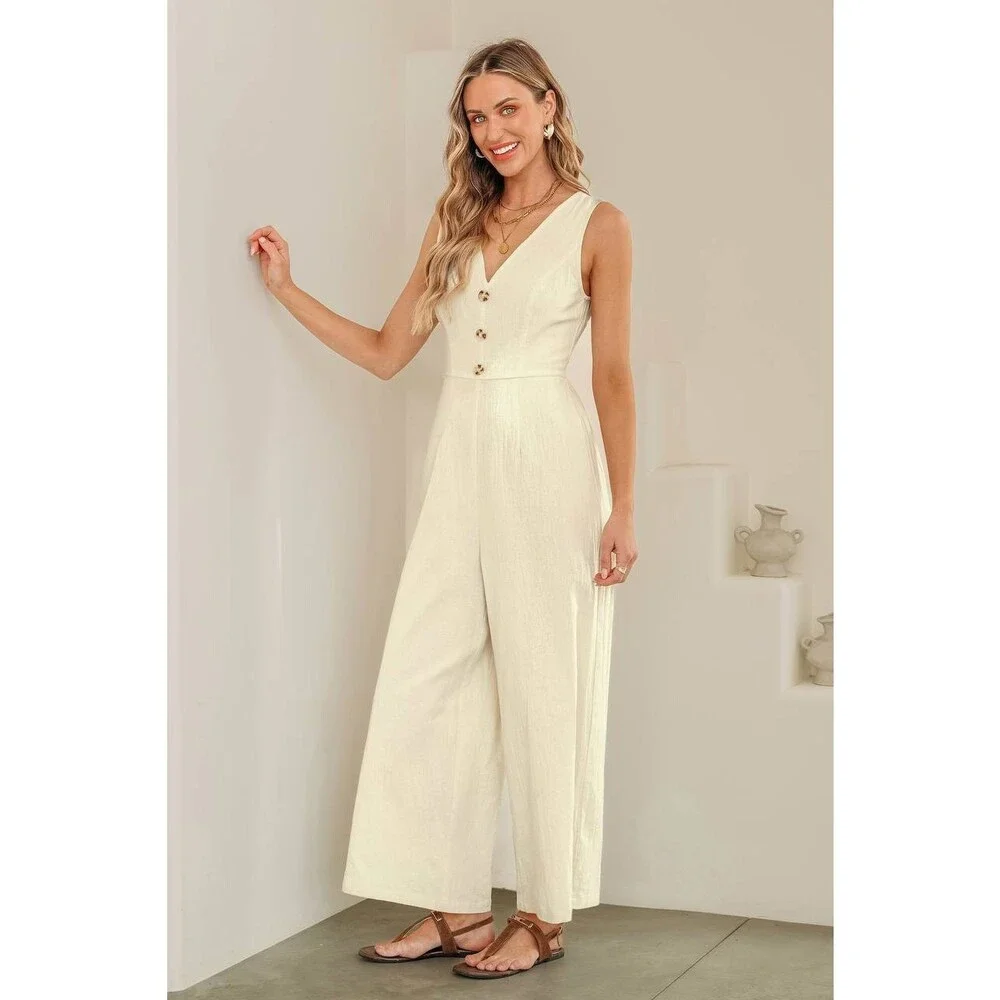 Cupshe High Society Beige Jumpsuit XL Wide Leg Bow Tie Back NWT Chic Outfit - Picture 3 of 9